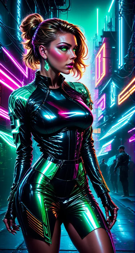 A mesmerizing female cyberpunk street artist, creating a vivid and detailed holographic mural in a neon-lit urban alley,
([Diane Lane|Scarlett Johansson|Kate Upton]), <lora:stylesqueeze_v2_xl:1>, side view, detailed full athletic body
Amazing fine detail, glowing eyes, [(colorful explosion psychedelic paint colors:1.21)::0.15], detailed background, green eyes, detailed clothes, skinny, shinny glossy skin, subsurface scattering, (gothic:0.8), bun hairstyle, bangs, pleated skirt, thigh highs, Nikon D850 film stock photograph Kodak Portra 400 camera f1.6 lens, rich colors, lifelike texture, dramatic lighting, unreal engine, trending on ArtStation, cinestill 800 tungsten