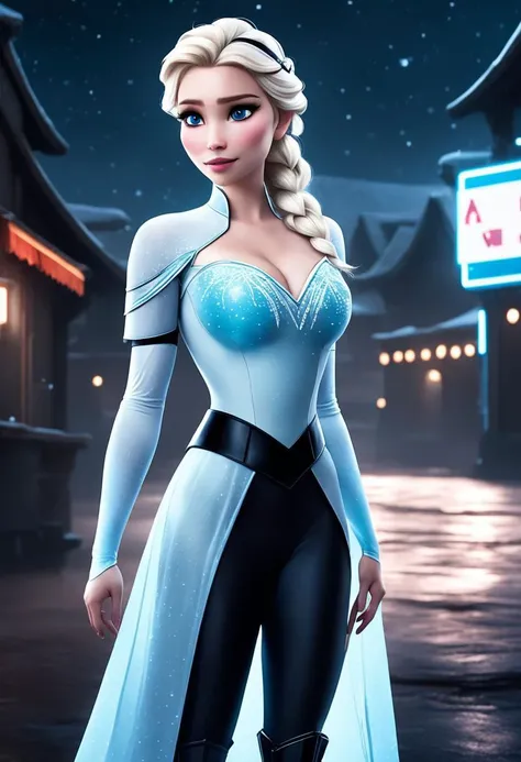 detailed photography, high quality, DSLR, beautiful, ((full body shot)) of ((Disney's Elsa, dark theme)), dressed in ((messy hair, tattered storm trooper outfit)), ((beautiful face)), (athletic toned body, prominent cheekboness), dynamic pose, fine detail (Beautiful), minimal lighting, at night, post processing realistic shadow rendering