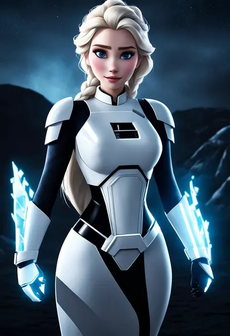 detailed photography, high quality, DSLR, beautiful, ((full body shot)) of ((Disney's Elsa, dark theme)), dressed in ((messy hair, tattered storm trooper outfit)), ((beautiful face)), (athletic toned body, prominent cheekboness), dynamic pose, fine detail (Beautiful), minimal lighting, at night, post processing realistic shadow rendering