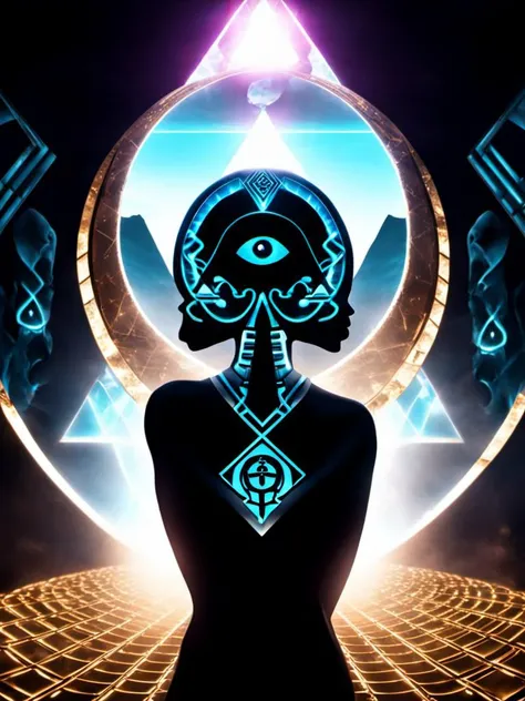 cinematic HDR photo, a humanesque silhouette, looking into an infinity mirror, geometrically shaped, eye of horus, Illuminati, skull and bones society, infinity detail, illusion, smoke, mirrors, high dynamic range, vivid, rich details, vibrant shadows, detailed highlights, realistic, intense, 35mm film, bokeh, professional, 4k,