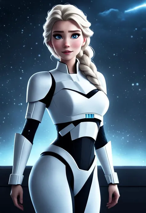 detailed photography, high quality, DSLR, beautiful, ((full body shot)) of ((Disney's Elsa, dark theme)), dressed in ((messy hair, tattered storm trooper outfit)), ((beautiful face)), (athletic toned body, prominent cheekboness), dynamic pose, fine detail (Beautiful), minimal lighting, at night, post processing realistic shadow rendering