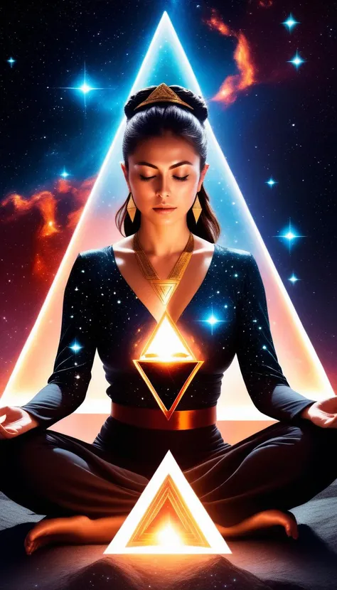 high fashion editorial of a woman meditating in a triangle, she is on fire, she is wearing ceremonial dress, in a galaxy surrounded by stars