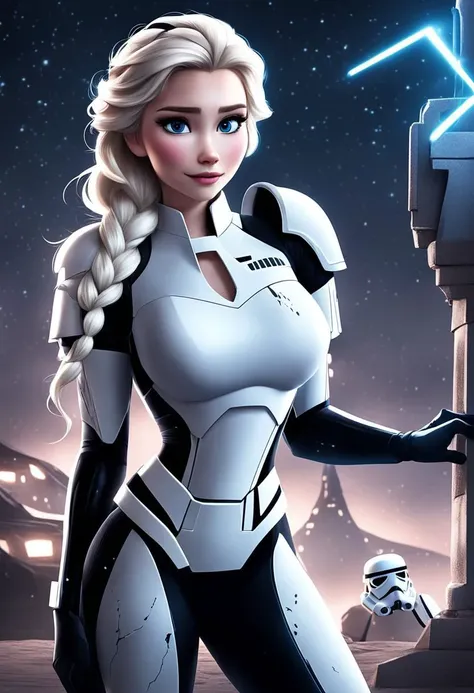 detailed photography, high quality, DSLR, beautiful, ((full body shot)) of ((Disney's Elsa, dark theme)), dressed in ((messy hair, tattered storm trooper outfit)), ((beautiful face)), (athletic toned body, prominent cheekboness), dynamic pose, fine detail (Beautiful), minimal lighting, at night, post processing realistic shadow rendering