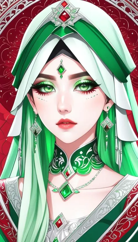 1girl symmetrical green eye makeup, fairycore, anime aesthetic, dau al set, silver and green, light green and crimson, mediteranian traditions