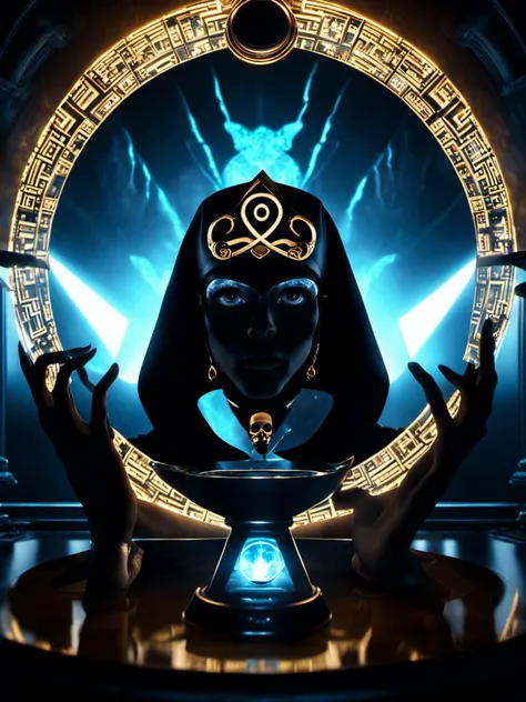 cinematic HDR photo, a humanesque silhouette, looking into an infinity mirror, geometrically shaped, eye of horus, Illuminati, skull and bones society, infinity detail, illusion, smoke, mirrors, high dynamic range, vivid, rich details, vibrant shadows, detailed highlights, realistic, intense, 35mm film, bokeh, professional, 4k,