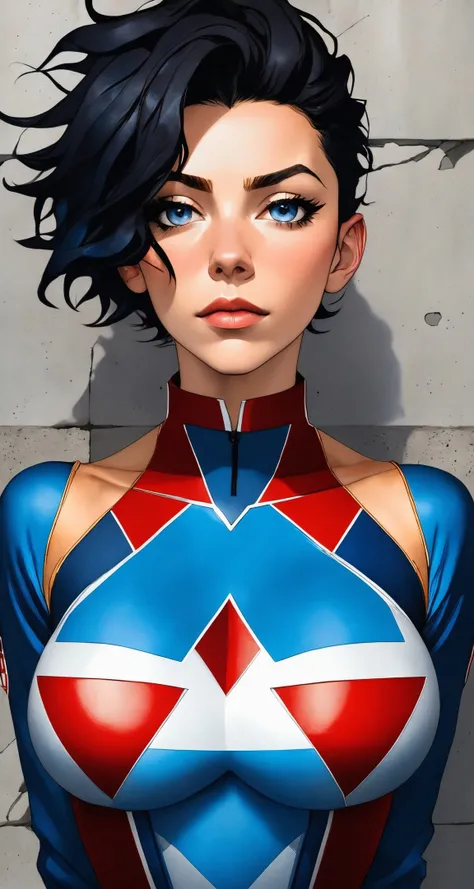 realistic photo , ([Eva Longoria|avi love|charli xcx]:0.9) standing,
floating,glowing,
, symmetrical face, middle breasts, fit, glib,
she's seen breaking through a concrete wall, iconic red and blue costume, by Egon Schiele, emma from the promised neverland,
, masterpiece, detailed,