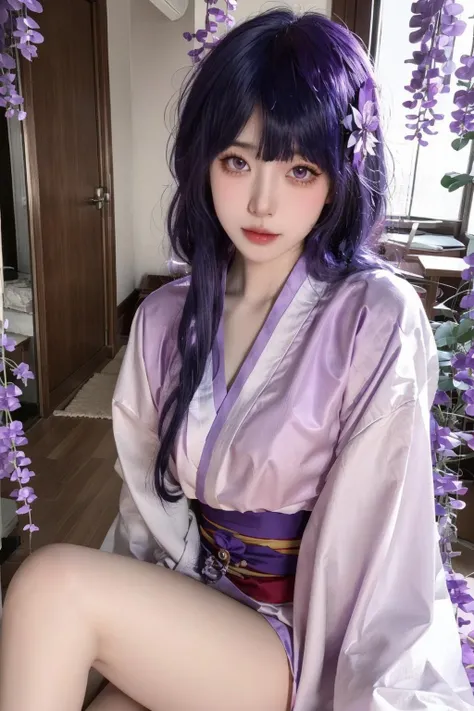 EI,(MP-E, macro, 65mm, f/2.8), ultra realistic,32k,RAW photo,(high detailed skin:1.2), 8k uhd, high quality,1girl, solo,see-through,lying down,Raiden_Ei, (purple hair:1.3),bangs,japanese clothes,solo,light purple kimono,tabi,hair ornament,long hair,logs,long hair,white socks,bare legs,sash,wide sleeves,wisteria, wisteria flower, <lora:Raiden Ei_20230902171406-000007:0.8>,no panties,