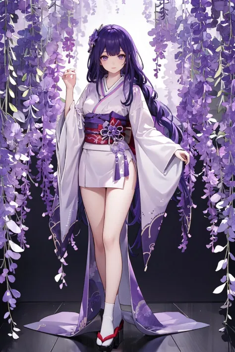 woman、Yakuza、Purple long hair、Purple Eyes、Slit eyes、Larger breasts、Violet flowers、Full body portrait、The whole body is facing forward、kimono