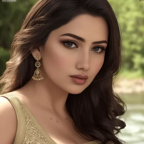 No-one36, a woman,she is wearing a saree, jewellery, cleavage, standing near a river, modelshoot style, extremely detailed CG unity 8k wallpaper, full body shot, 8k uhd, dslr, soft lighting, high quality, film grain, Fujifilm XT, (realistic)