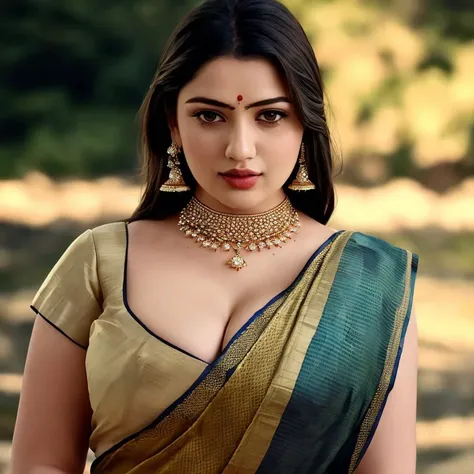 No-one36, a woman, she is wearing a saree, jewellery, cleavage, standing near a river, modelshoot style, extremely detailed CG unity 8k wallpaper, 8k uhd, dslr, soft lighting, high quality, film grain, Fujifilm XT, ((realistic))