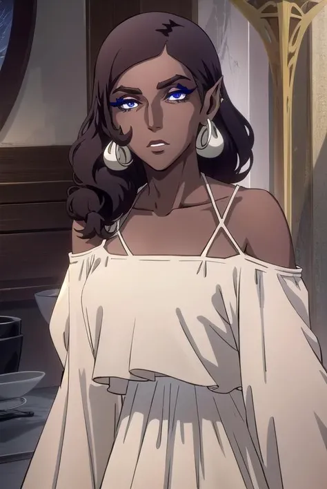 morana, <lyco:morana-lyco-nochekaiser:1>,
morana, medium hair, blue eyes, black hair, dark skin, dark-skinned female, makeup, lipstick, eyeshadow,
BREAK bare shoulders, long sleeves, dress, earrings, puffy sleeves, white dress, see-through, puffy long sleeves, see-through sleeves,
BREAK looking at viewer, full body,
BREAK indoors,
BREAK <lyco:GoodHands-beta2:1>, (masterpiece:1.2), best quality, high resolution, unity 8k wallpaper, (illustration:0.8), (beautiful detailed eyes:1.6), extremely detailed face, perfect lighting, extremely detailed CG, (perfect hands, perfect anatomy),