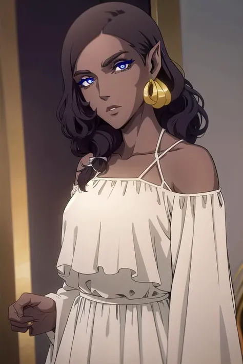 morana, <lyco:morana-lyco-nochekaiser:1>,
morana, medium hair, blue eyes, black hair, dark skin, dark-skinned female, makeup, lipstick, eyeshadow,
BREAK bare shoulders, long sleeves, dress, earrings, puffy sleeves, white dress, see-through, puffy long sleeves, see-through sleeves,
BREAK looking at viewer, full body,
BREAK indoors,
BREAK <lyco:GoodHands-beta2:1>, (masterpiece:1.2), best quality, high resolution, unity 8k wallpaper, (illustration:0.8), (beautiful detailed eyes:1.6), extremely detailed face, perfect lighting, extremely detailed CG, (perfect hands, perfect anatomy),