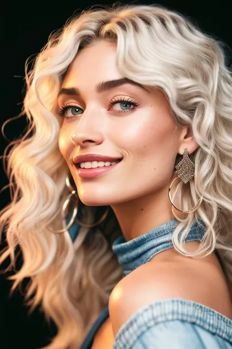 Closeup photograph of roxiecipher-160, smiling, platinum blonde big wavy hairsprayed 1980s hair, wearing off the shoulder fuzzy sweater, acidwashed jeans, hoop earrings, rollerskating at a crowded roller rink in the 1980s, disco lights, smoke, RAW photo, 8k uhd, dslr, soft lighting, high quality, film grain, highly detailed face, ultra detailed, masterpiece quality, Fujifilm XT3, Kodak