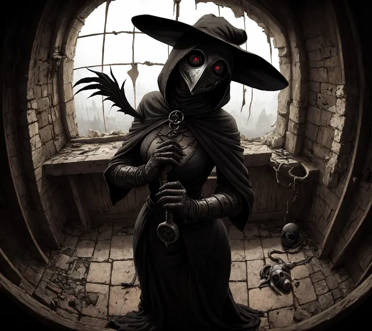 woman plague doctor at abandoned medieval hospital, (creepy:1.1), (nightmare:1.2), dark, 1girl, masterpiece, best quality, ultra-detailed, glowing detailed eyes behind mask with long beak, scary, horror, best quality, realistic shadows, dynamic light, intricate details, nsfw. uhd, highres, (pov:1.2), png, CG, old movie, absurdres, psychedelic, dark ruined environment, (detailed textures:1.1), fisheye