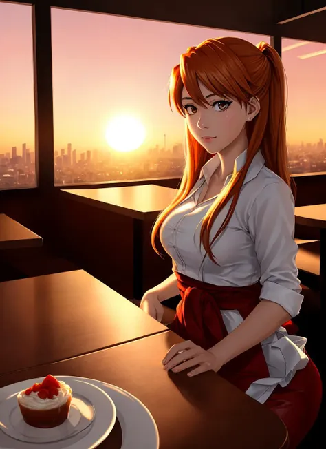 wallpaper 8k, PNG, highres, masterpiece, best quality, ultra-detailed, gradient hair, light tracing, real skin, perfect anatomy, perspective, waitress, Asuka Langley, furled brow, sexy, at empty restaurant indoors, at  warm sunset, (NSFW:0.4), cyberpunk, art