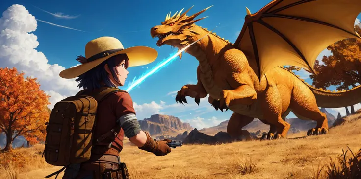 adventurer girl on a quest to kill huge old golden dragon, action fighting dynamic pose, masterpiece, best quality, wallpaper 8k, PNG, highres, gun, (cowboy hat:0.7), fantasy, ultra-detailed, 4k, fine detail, ultra high resolution, CG, 3D, light tracing, perfect anatomy, perspective, at autumn hot night, (fisheye:0.9), hdr, tilted horizon, (lens flare:0.7), epic landscape, (steampunk:0.8), fire breath, (destruction, debris:0.8), splash art