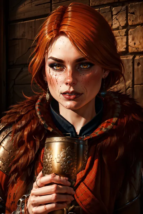 (masterpiece, top quality, best quality, official art, detailed:1.2), <lora:cerys:0.7>, cerysW3, 1girl, solo, looking at viewer, scar on face, holding, mug, drinking, jewelry, upper body, red hair, earrings, brown eyes