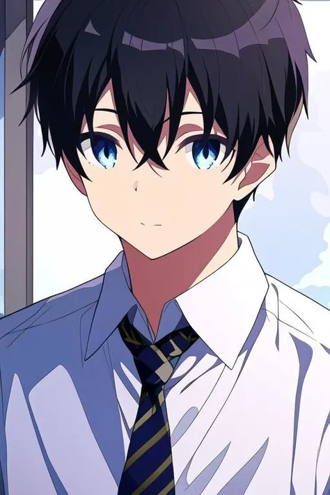 masterpiece, best quality, high quality, 1boy, solo, male focus, looking at viewer, upper body, <lora:youta_narukami:0.68>, youta_narukami, blue eyes, black hair, hair between eyes, , formal, necktie, dress shirt