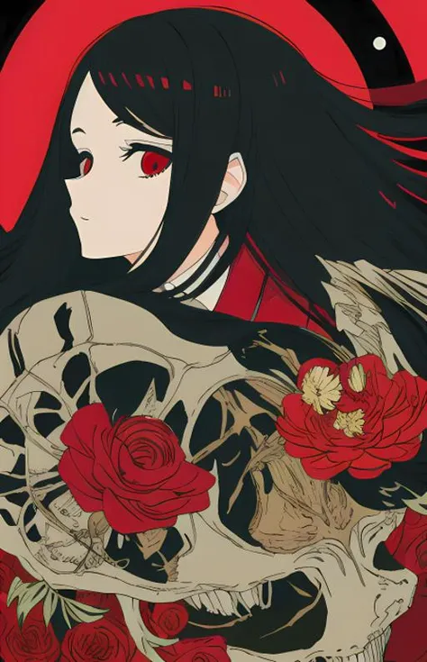 masterpiece, best quality, flat color, limited palette, low contrast,1girl, serafuku, long straight black hair,lycoris flower, skull,(abstract background:0.7),(red, black)