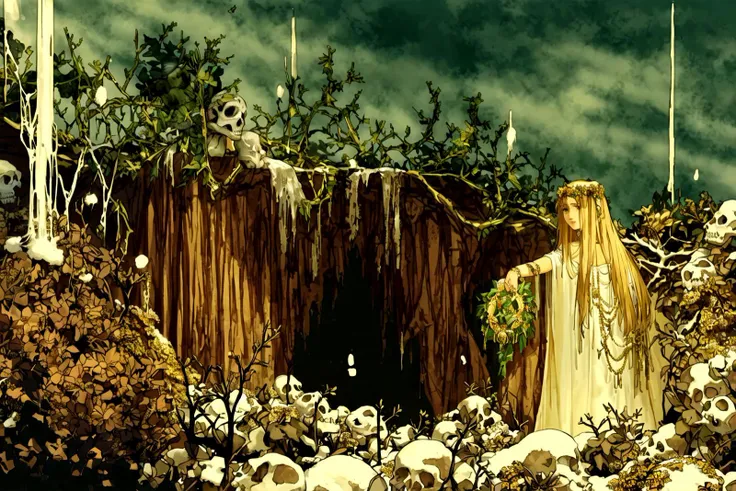 classicnegative photo, a cracked white moldy skull with a gold wreath ornament, overgrown by mold in the dirt, snow, fantasy, 1970s dark fantasy , haze, halation, bloom, dramatic atmosphere, centred, rule of thirds