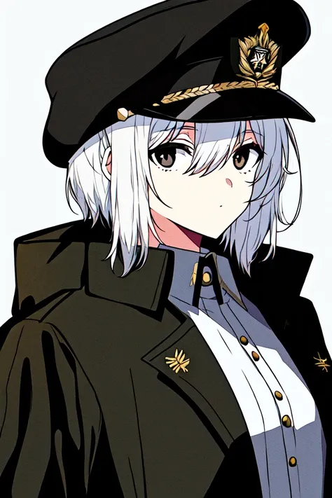 (ligne claire), masterpiece, best quality, 1girl, solo focus, (upper body), hair between eyes, (white hair), short hair, undercut, (black eyes), (black military uniform), (black peaked cap), (black trench coat), long trench coat, (white simple background)