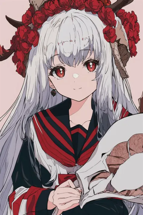 masterpiece, best quality, flat color, limited palette, low contrast,
1girl, serafuku, long straight white hair,
lycoris flower, goat skull,
(red, black)