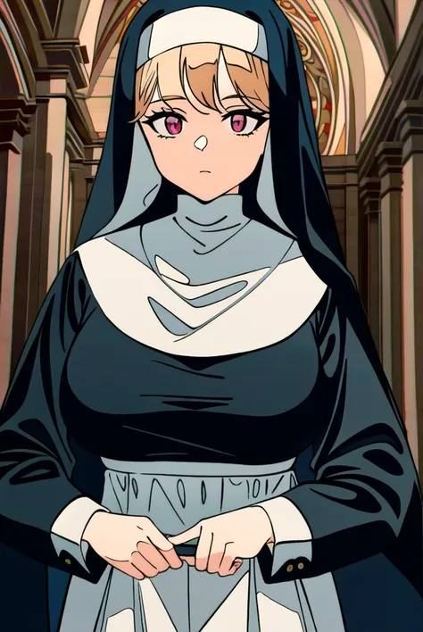 masterpiece, best quality, high resolution, intricate detail, nun, large breasts, stern expression, dark ambiance, dark shadows, detailed shadows, ligne claire, flat color, limited palette, low contrast