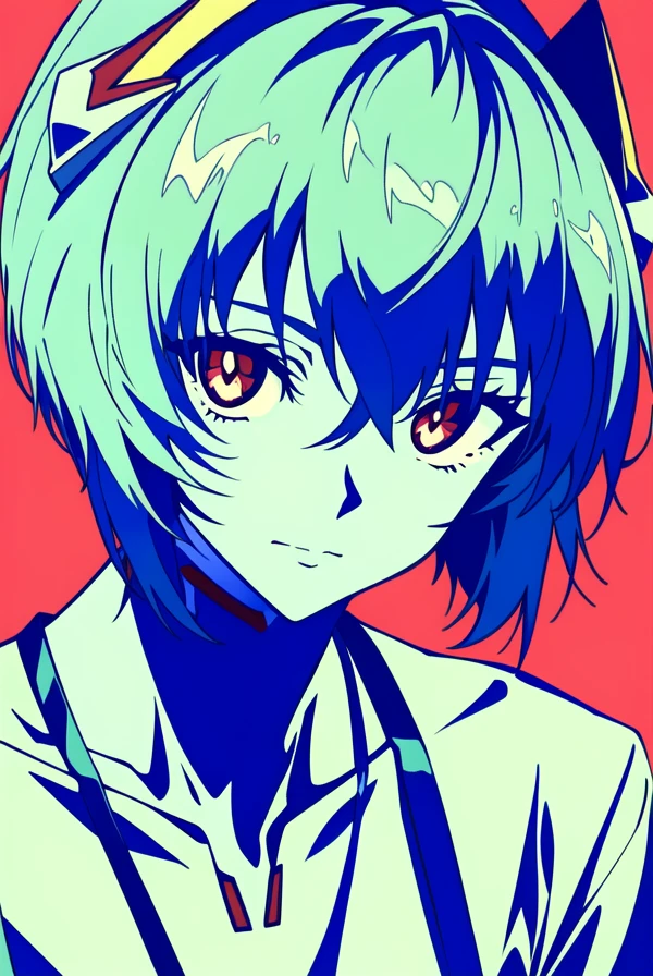 masterpiece portrait of aroused Rei Ayanami \(evangelion\), evangelion \(Hideaki\), caustics, textile shading, high resolution illustration, red eyes, feminine, no pupils, blue hair, short hair, ligne claire, flat color, limited palette, low contrast