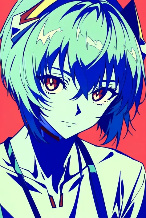 masterpiece portrait of aroused Rei Ayanami \(evangelion\), evangelion \(Hideaki\), caustics, textile shading, high resolution illustration, red eyes, feminine, no pupils, blue hair,  short hair, ligne claire, flat color, limited palette, low contrast