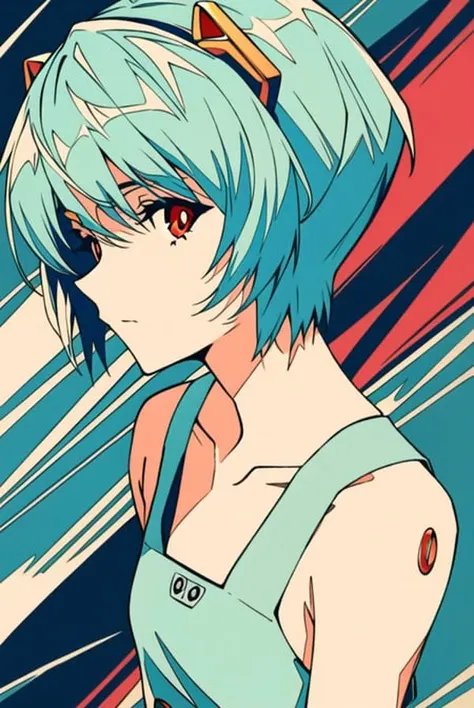 masterpiece portrait of aroused Rei Ayanami \(evangelion\), evangelion \(Hideaki\), caustics, textile shading, high resolution illustration, red eyes, feminine, no pupils, blue hair,  short hair, ligne claire, flat color, limited palette, low contrast