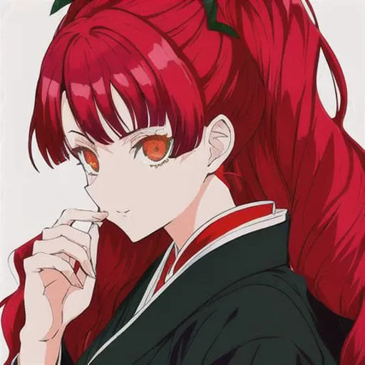 (Ligne claire), (Kimetsu no yaiba style), masterpiece, best quality, flat color, limited palette, 1girl, beautiful, red fiery eyes, orange bright hair, loose hair covering eye, old noble kimono, serious gaze,