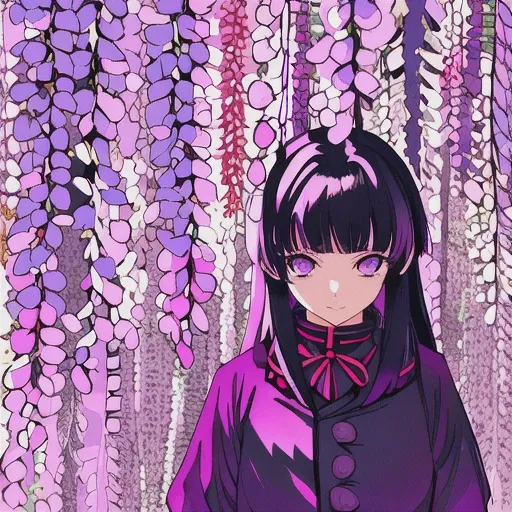 (Ligne claire), (Kimetsu no yaiba style), masterpiece, best quality, flat color, limited palette, low contrast, 1girl, serafuku, long straight black hair, wisteria flower, (purple, pink)