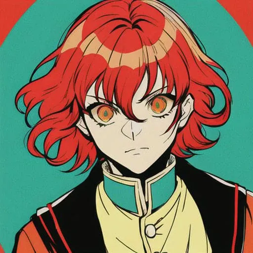 (Ligne claire), (Kimetsu no yaiba style), masterpiece, best quality, flat color, limited palette, low contrast, 1guy, tanjiro, short orange hair, blood moon background,