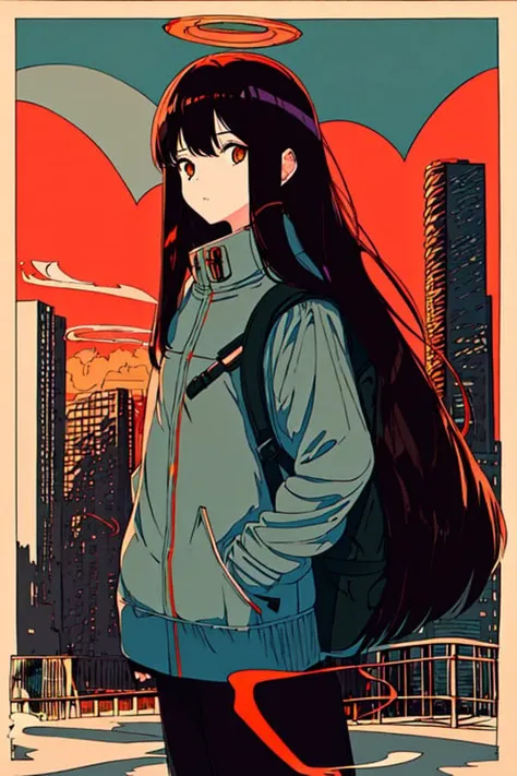 masterpiece, best quality, flat color, limited palette, low contrast, (ligne claire), 1girl, long straight black hair, halo, backpack looking away, standing. smoke, night sky, city, sunset, sky scrapers, bridge, road signs, depth of field, border, black, red, orange, brown, autumn, haze