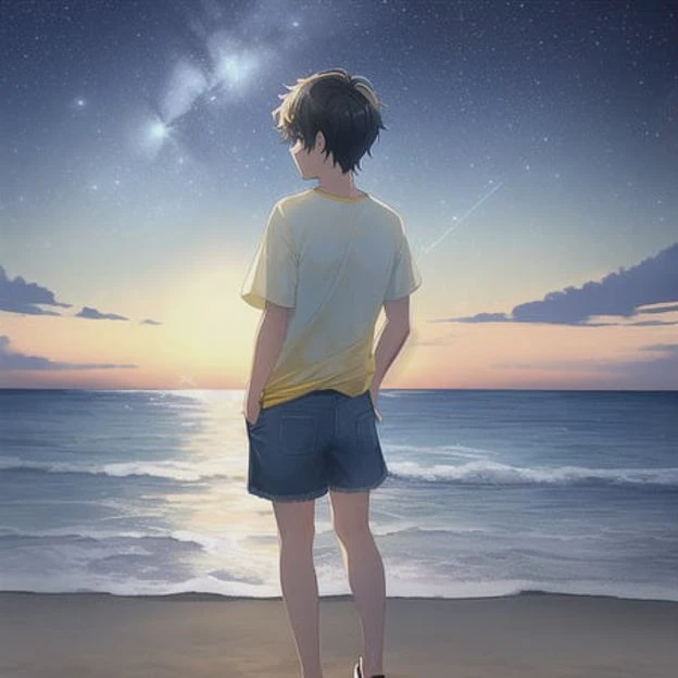 A illustration  of a male teen  staring at the nightsky beach wearing (yellow beach shirt, blue jean shorts, yellow flip flops, hands on pocket), (dusk), ligne claire, (indigo sky full of stars and 1 moon), (view from behind), (full body shot), (thematic background),