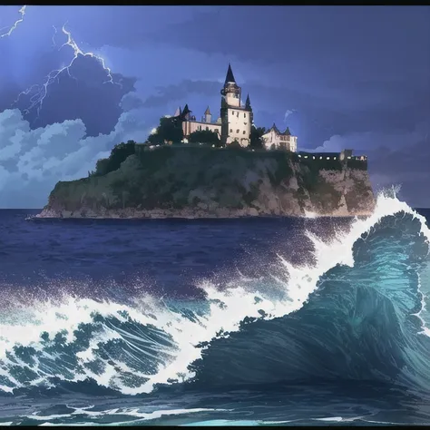 An abandoned (dark hilltop castle) in the middle of the ocean, with (thunder lightning),( dark blue water),(rough sea waves),(raining), (bluish purple sky), (clouds), (birds), (crashing waves beneath), portrait view, (long shadows),(hyperrealism), realistic, (cinematic shot), (unlimited palette), (European),(Photo)