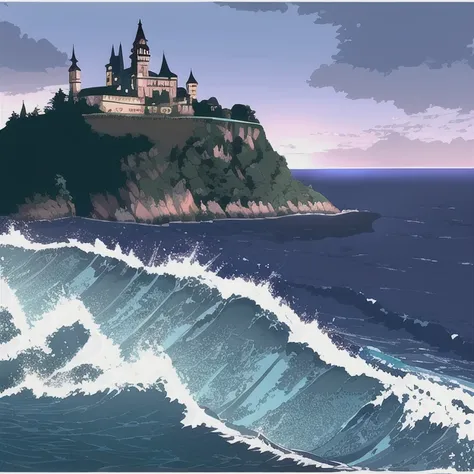 An abandoned (dark hilltop castle) in the middle of the ocean, with (thunder lightning),( dark blue water),(rough sea waves),(raining), (bluish purple sky), (clouds), (birds), (crashing waves beneath), portrait view, (long shadows),(hyperrealism), realistic, (cinematic shot), (unlimited palette), (European),(Photo)