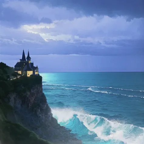 An abandoned (dark hilltop castle) in the middle of the ocean, with (thunder lightning),( dark blue water),(rough sea waves),(raining), (bluish purple sky), (clouds), (birds), (crashing waves beneath), portrait view, (long shadows),(hyperrealism), realistic, (cinematic shot), (unlimited palette), (European),(Photo)