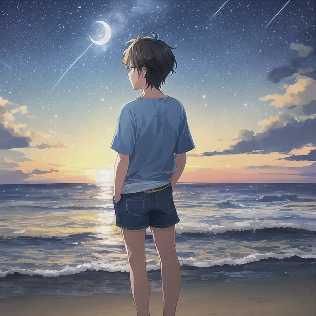 A illustration of a male staring at the nightsky beach wearing (yellow beach shirt, blue jean shorts, yellow flip flops, hands on pocket), (dusk), ligne claire, (indigo sky full of stars and 1 moon), (view from behind), (full body shot), (thematic background),