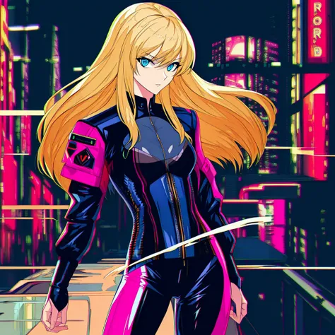 masterpiece, color photo of slim gorgeous blonde woman, sexy, cyberpunk, long hair, racing suit, latex, (((unbuttoned outfit))), ((open top)), small breasts, ((tight shirt)), looking at viewer, nikon 85mm, alone, single, neotokyo, outside, night, street, motorcycles, high tech, the future, soft light, centered, volumetric lighting, bomber jacket, ligne claire, flat color, chromatic aberration, high contrast, limited palette