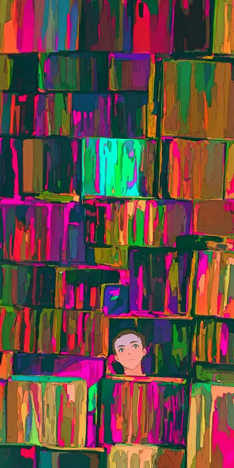 masterpiece, best quality, flat color, ligne claire, (1boy looking away from the viewer), pile of crt tv and cassettes vhs tapes and camera and lens, chromatic aberration, depth of field