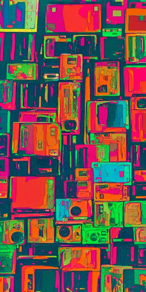 masterpiece, best quality, flat color, ligne claire, (1boy looking away from the viewer), pile of crt tv and cassettes vhs tapes and camera and lens, chromatic aberration, depth of field