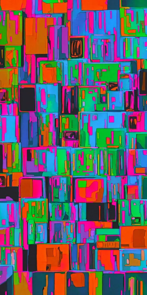 masterpiece, best quality, flat color, ligne claire, (1boy looking away from the viewer), pile of crt tv and cassettes vhs tapes and camera and lens, chromatic aberration, depth of field
