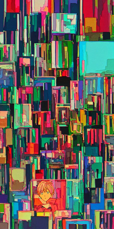 masterpiece, best quality, flat color, ligne claire, (1boy looking away from the viewer), pile of crt tv and cassettes vhs tapes,pile of camera and lens, chromatic aberration, depth of field
