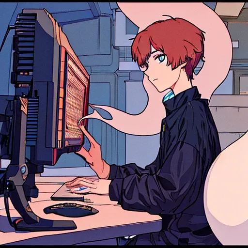 masterpiece, best quality, flat color, ligne claire, (1boy looking away from the viewer), pile for computer, ghost in the shell,