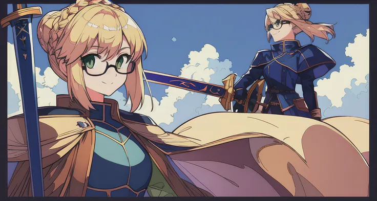 masterpiece, best quality, flat color, artoria pendragon, (ligne claire), epic battle,blonde hair, black suit,black gloves,sword,glasses,1girl, mini crown, braided bun, green eyes, smile, looking at viewer,facing front, clouds, depth of field, border
