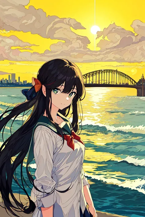 masterpiece,((ligne claire)), limited palette,best quality, flat color, low contrast, ((1girl)),(((an extremelydelicateandbeautifulgirl))),(beautiful detailed face),(beautiful detailed eyes),{long hair},hair ornamen,((middle breasts)),long black hair,hair ribbon,school uniform , standing,((looking at viewer:1.6)), view from below,beautiful detailed sky,bright sky,cloudy sky,sunlight, (detailedlight),lighting,colorful,ocean,beach, bridge,way to school,sky scraper, autumn, haze