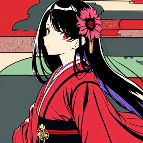 masterpiece, best quality, flat color, limited palette, low contrast, 1girl, kimono, long straight black hair, lycoris flower field, katana sword, (red, black), looking up,