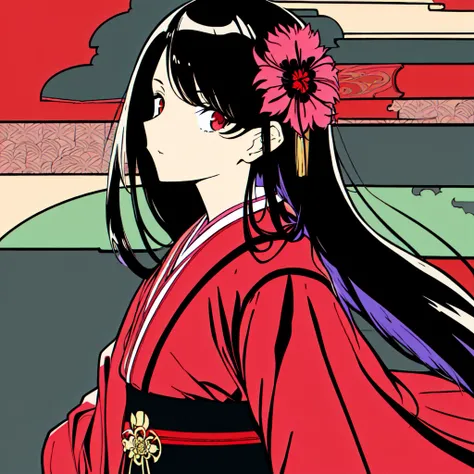 masterpiece, best quality, flat color, limited palette, low contrast, 1girl, kimono, long straight black hair, lycoris flower field, katana sword, (red, black), looking up,