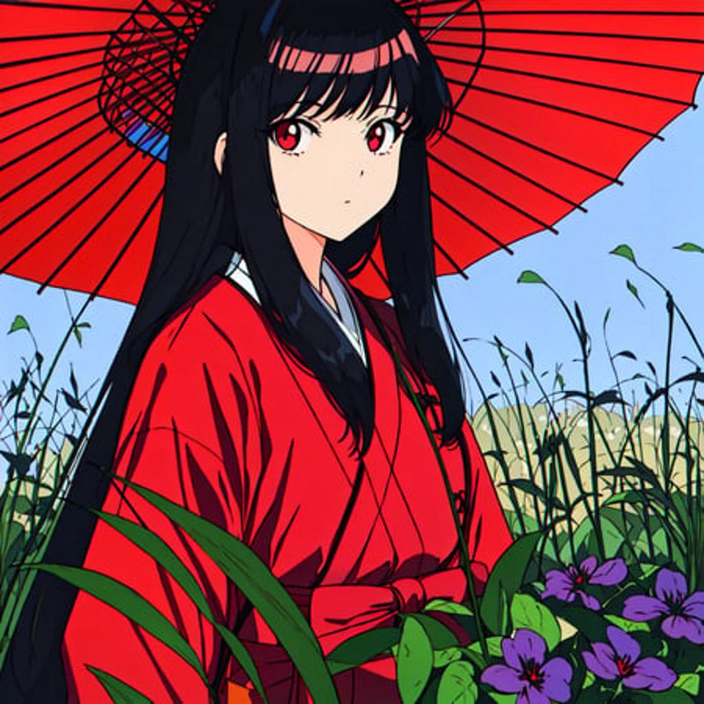 masterpiece, best quality, flat color, limited palette, low contrast, 1girl, hakama, long straight black hair, lycoris flower field, umbrella, (red, black), looking up, ligne claire